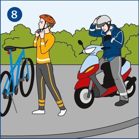 Zu sehen sind eine Radfahrerin und ein Rollerfahrer vor Abfahrt. Beide setzen gerade einen Helm auf und tragen auffällige, reflektierende Kleidung. Link zur vergrößerten Darstellung des Bildes.