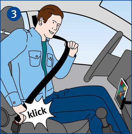 Ein Mann sitzt im Auto und schnallt sich gerade an. Das Klick-Geräusch ist mit einer auffälligen Sprechblase dargestellt. Link zur vergrößerten Darstellung des Bildes.